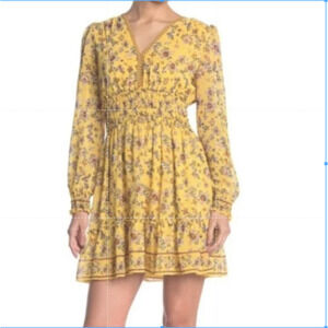 Max Studio Floral Mini Dress Yellow Size S Chiffon Long Sleeve Ruffles V-Neck